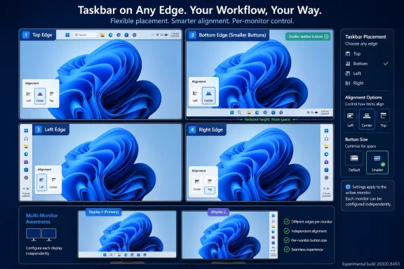 Windows taskbar placement UI shows options for top/bottom/left/right and per-monitor alignment controls on blue screens.