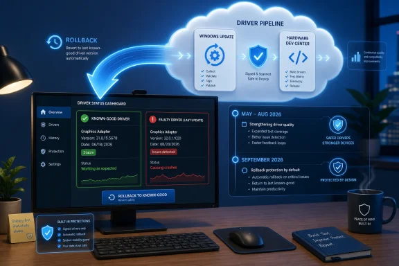 Illustration of a Windows driver CI/CD pipeline with rollback protection and status dashboard on a desktop monitor.