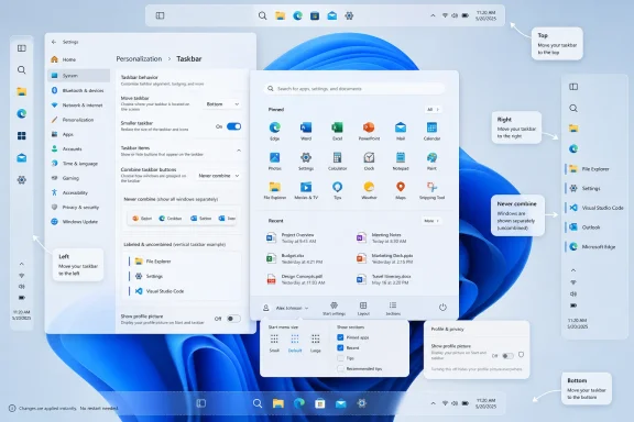 Windows 11 Settings shows taskbar personalization with Left/Right/Top/Bottom layout options on the desktop.
