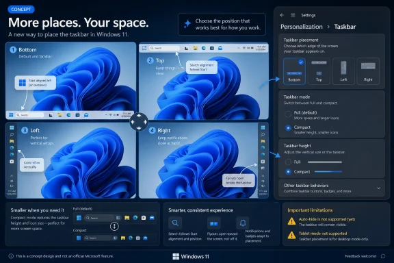 Windows 11 concept screenshot showing customizable taskbar placement options (bottom, top, left, right).