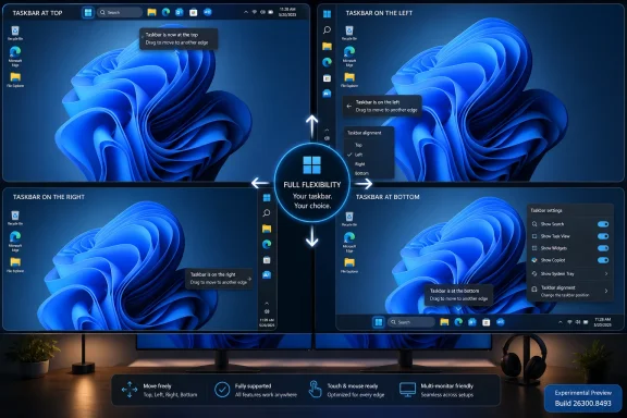 Promotional graphic showing Windows 11 taskbar can be moved to top, left, right, or bottom with settings.