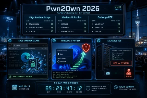 Pwn2Own 2026 live leaderboard and hacking panels with three cyber-attack challenges in Berlin.