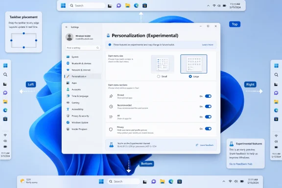 Windows 11 Personalization (Experimental) settings window open on a blue desktop background.