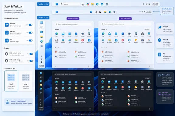 Windows 11 Start menu preview showing layout, taskbar size options, and privacy/experimental settings.