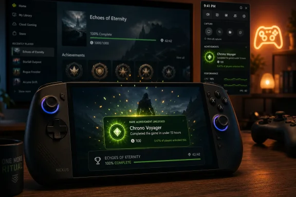 Game controller shows an achievement notification on a handheld screen during “Echoes of Eternity” gameplay.