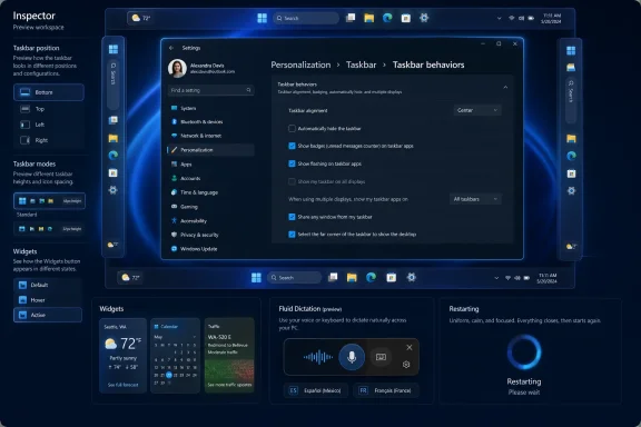 Windows Settings open on Taskbar behaviors screen with widgets and restart/loading panels on a blue desktop.