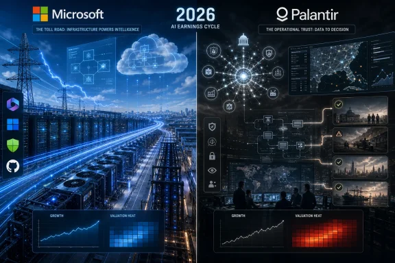 Futuristic dual-panel tech graphic with Microsoft and Palantir branding showing 2026 AI earnings data dashboards.
