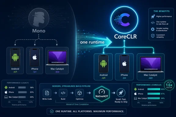 Tech infographic showing one runtime across Android, iPhone, and Mac with CoreCLR and performance gains.