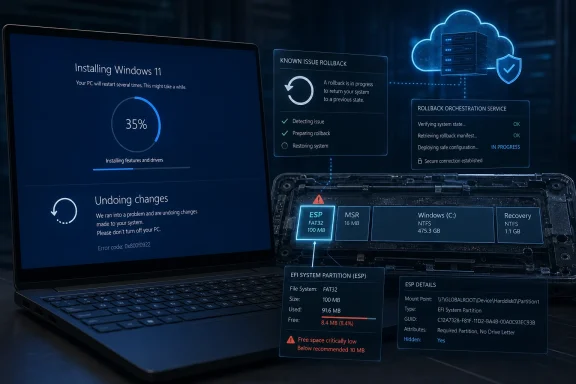 Futuristic Windows 11 rollback screen on a laptop showing “undoing changes” and low ESP space warning.