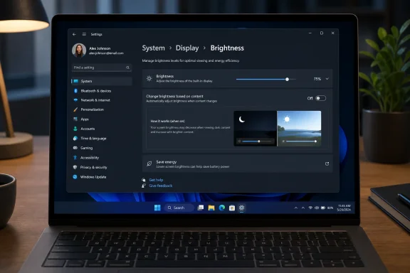 Laptop screen shows Windows display brightness settings with a slider set to 75%.