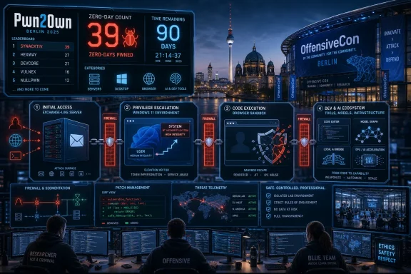 Tech conference screen shows “Pwn2Own Berlin 2025” hacking metrics, timelines, and cyber-defense diagrams.