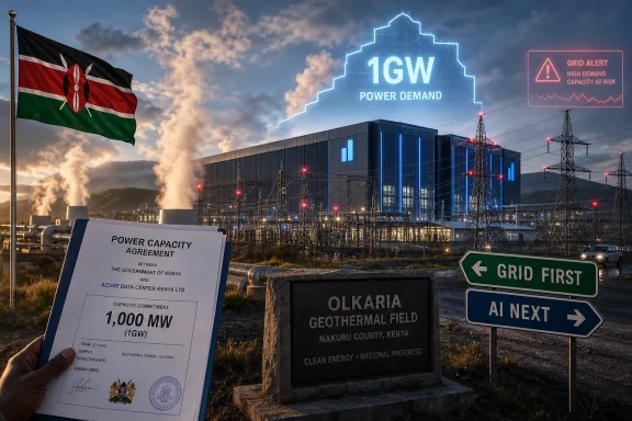 Kenyan flag beside geothermal power deal documents and “1GW power demand” alert at Olkaria site.