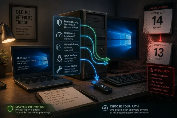 Staged “old PC triage” scene with laptops, desktop, blue migration UI, and unsafe path warning calendar dates.