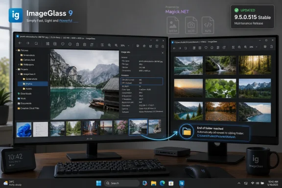 Dual monitors show ImageGlass 9 editing photos with Magick.NET “Updated 9.5.0.515 Stable” overlay on a desk setup.