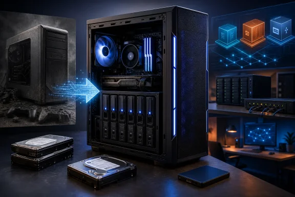 Open gaming/server PC case with glowing cooling lights, connected drives, and a neon tech network backdrop.