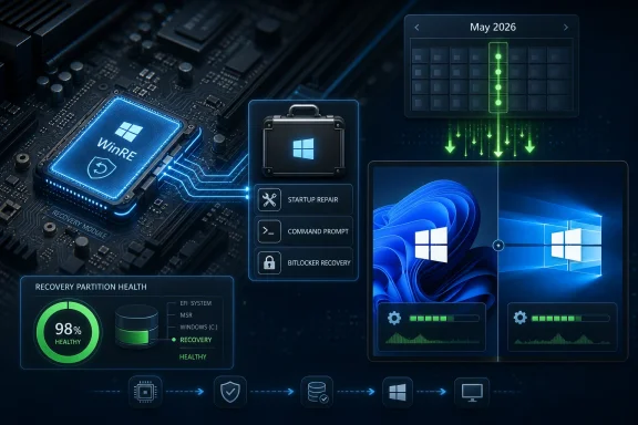 Futuristic Windows recovery and startup repair interface overlaid on a circuit board with health indicators.