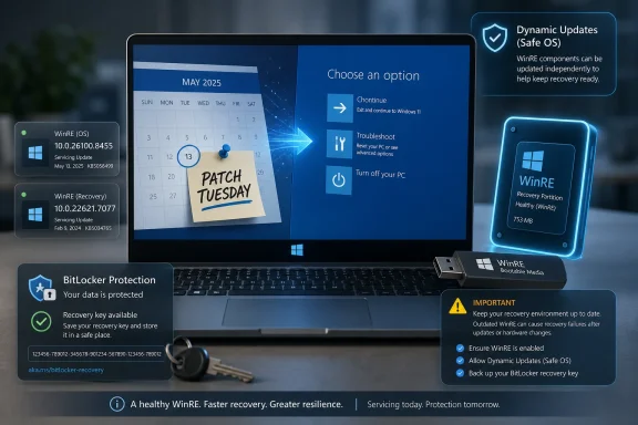 Laptop screen shows WinRE “Patch Tuesday” update options, dynamic safe OS, BitLocker protection, and boot media.