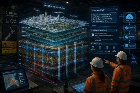 Engineers in hard hats view a 3D Christchurch digital twin with AI geo-assistant and seismic risk overlays.
