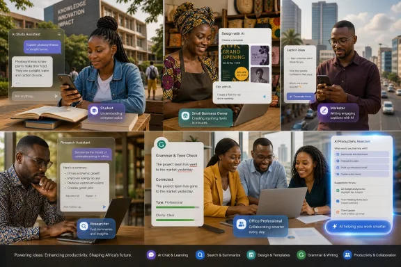 Collage of people using AI apps for studying, design, writing, and productivity in an urban setting.