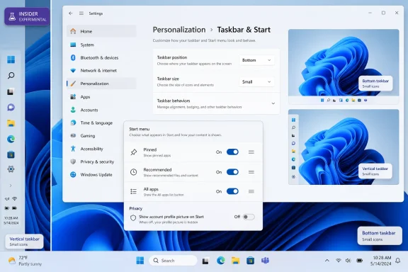 Windows 11 personalization settings showing taskbar position and start menu options.