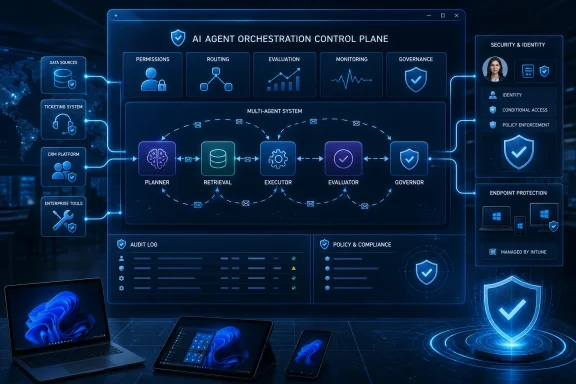 Futuristic AI agent orchestration control plane dashboard with security, governance, and multi-agent workflow visuals.