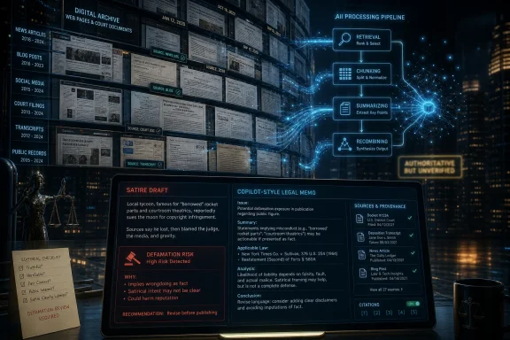 Futuristic legal document archive with an AI processing pipeline and memo drafting on a screen.