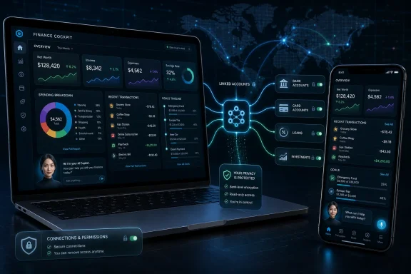 Finance dashboard on laptop and phone showing net worth, transactions, and secure AI insights with a global network map.