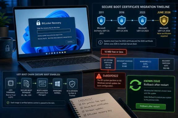 Secure Boot certificate migration timeline on a laptop with BitLocker recovery and UEFI boot chain diagram.