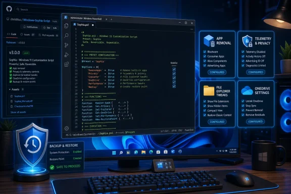Windows 11 customization PowerShell script on a desktop with privacy/telemetry configuration panels.