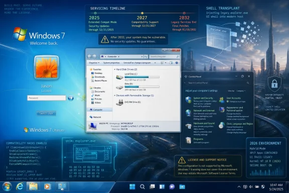Futuristic Windows 7 Ultimate desktop with legacy shell notes, servicing timeline, and Explorer shell transplant UI.
