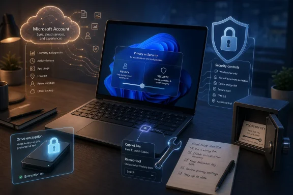 A laptop shows Windows privacy and security visuals with lock icons, plus setup and recovery key notes on a desk.