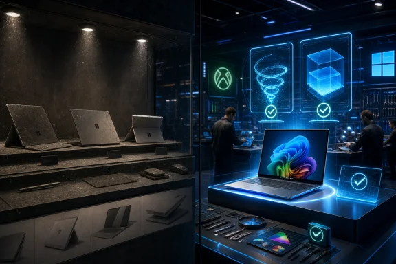 Split view of a tech showroom where glowing blue AI verification holograms appear over laptops and lab gear.