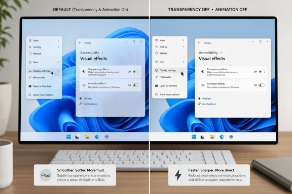 Split-screen shows Windows accessibility visual effects: default transparency/animation on vs off, with settings windows.