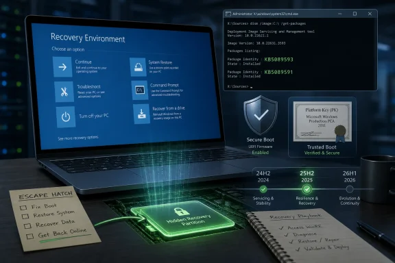 Windows Recovery Environment displayed on a laptop, with DISM command output and secure boot icons.