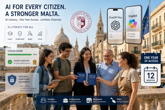 Students in Malta hold “one-year access” booklets while ads promote AI literacy and ChatGPT/Copilot plans.