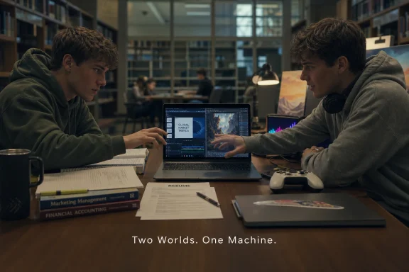 Two students collaborate over laptops in a library, discussing market trends with papers and books on the table.