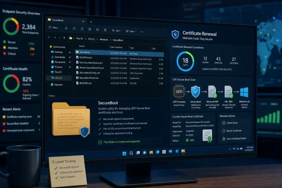 SecureBoot certificate renewal dashboard showing a countdown and trust/UEFI secure boot status.
