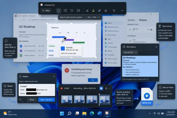 Windows Snipping Tool screen showing a roadmap capture with text actions and recording overlays.