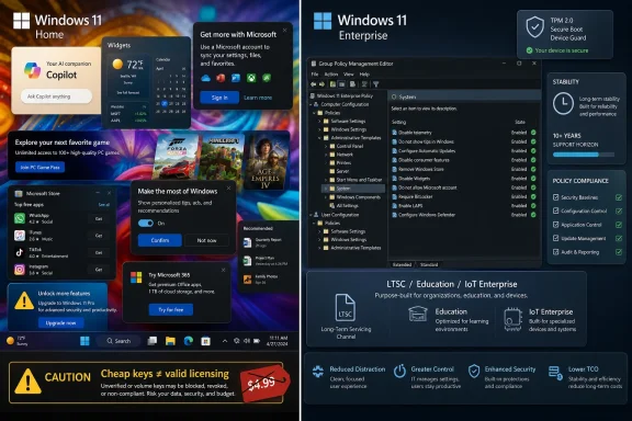 A dual-screen collage showing Windows 11 Home and Enterprise interfaces with security and policy settings.