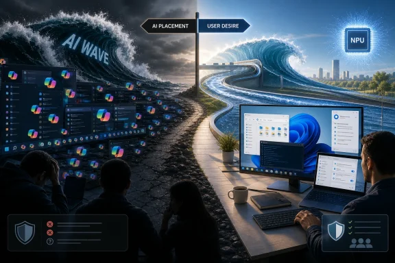 Futuristic control room with screens showing AI “placement” and “user desire,” amid a wave-themed digital highway.