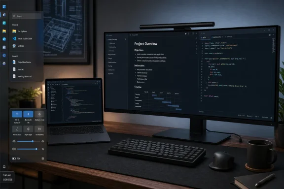 Desk setup with dual monitors showing a project overview and code editor, plus keyboard, mouse, and Windows UI panel.