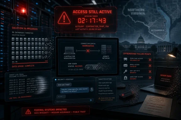 Futuristic cyber-security dashboard shows terminated access and data deletion status with red alerts.