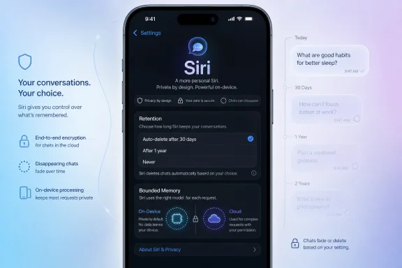 Two phones display Siri settings and privacy options with conversation retention controls.