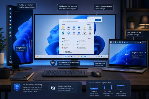 Windows 11 taskbar customization tips shown on dual monitors and laptops in a desk setup.