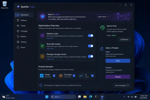 Software app Sparkle 2.19.0 “Optimization Overview” screen with restore point and apply/reapply options.