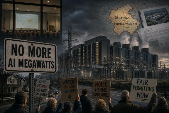 Protesters rally by power plant and utility poles, holding signs against megawatts, noise, and unfair permitting.
