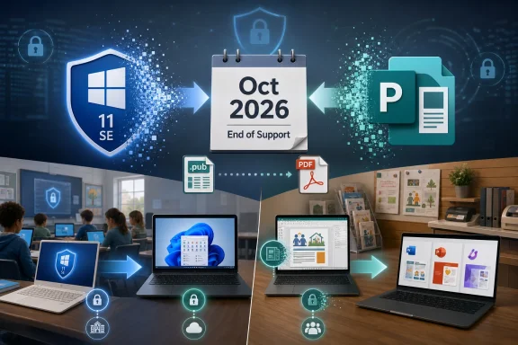 Windows 11 support ends Oct 2026, shown with cyber security icons and documents in an office setting.