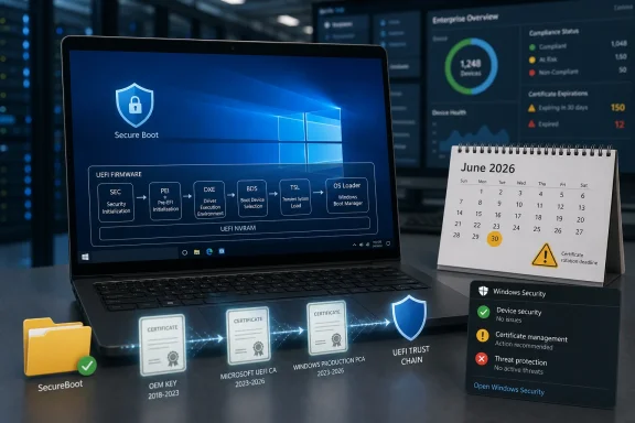 Laptop screen shows Secure Boot/UEFI security status with a June 2026 calendar and Windows Security alerts.