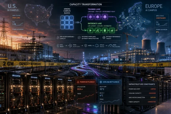 Futuristic data center map showing U.S.-to-Europe capacity transformation with power and cooling constraints.
