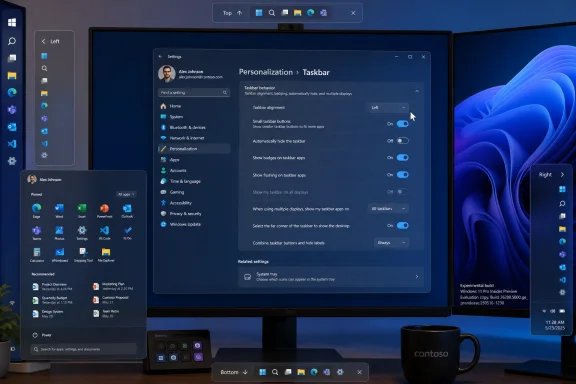 Windows 11 desktop showing Settings > Personalization > Taskbar with toggles and app shortcuts.